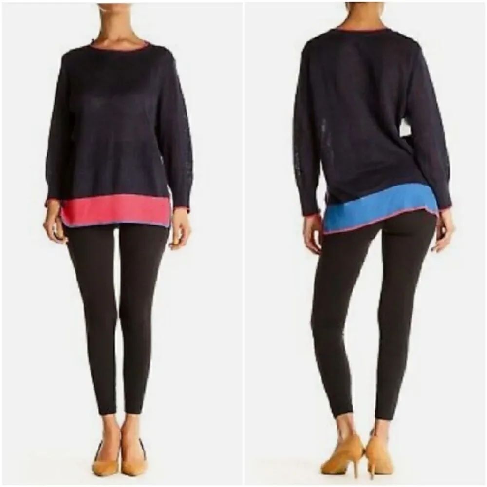 Boden Small Navy Blue Colorblock Linen Knit Casual Crewneck Sweater XS